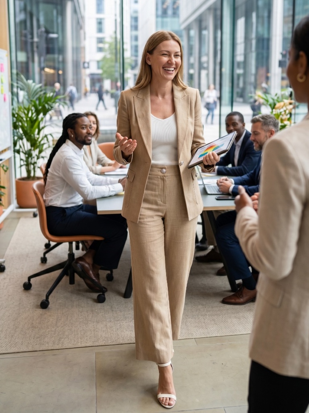 Veronica Beard beige linen hw  pants s12. Perfect for a petite curvy gal!